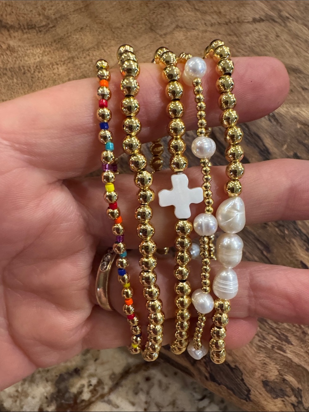 Gold Pearl Stackable Beaded Bracelet Set with White Cross Accent - Picture 10 of 14